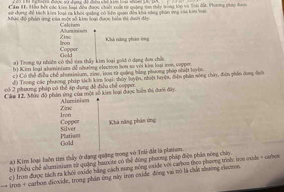 Zd) Thi nghiệm được sử dụng đề điều chế kim loại nhóm IA. JA.
Câu II. Hầu hết các kim loại đều được chiết xuất từ quặng tìm thấy trong lớp vỏ Trái đất. Phương pháp được
sử dụng để tách kim loại ra khỏi quặng có liên quan đến khả năng phản ứng của kim loại.
Mức độ phản ứng của một số kim loại được hiển thị dưới đây.
Calcium
Aluminium
Zinc
Iron Khả năng phản ứng
Copper
Gold
a) Trong tự nhiên có thể tìm thấy kim loại gold ở dạng đơn chất.
b) Kim loại aluminium dễ nhường electron hơn so với kim loại iron, copper.
c) Có thể điều chế aluminium, zinc, iron từ quặng bằng phương pháp nhiệt luyện.
d) Trong các phương pháp tách kim loại: thủy luyện, nhiệt luyện, điện phân nóng chảy, điện phân dung địch
có 2 phương pháp có thể áp dụng đề điều chế copper.
Câu 12. Mức độ phản ứng của một số kim loại được hiển thị dưới đây.
Aluminium
Zinc
Iron
Copper Khả năng phản ứng
Silver
Platium
Gold
a) Kim loại luôn tìm thấy ở dạng quặng trong vô Trái đất là platium.
b) Điều chế aluminium từ quặng bauxite có thể dùng phương pháp điện phân nóng chảy.
c) Iron được tách ra khỏi oxide bằng cách nung nóng oxide với carbon theo phương trình: iron oxide + carbon
iron + carbon dioxide, trong phản ứng này iron oxide đồng vai trò là chất nhường electron.