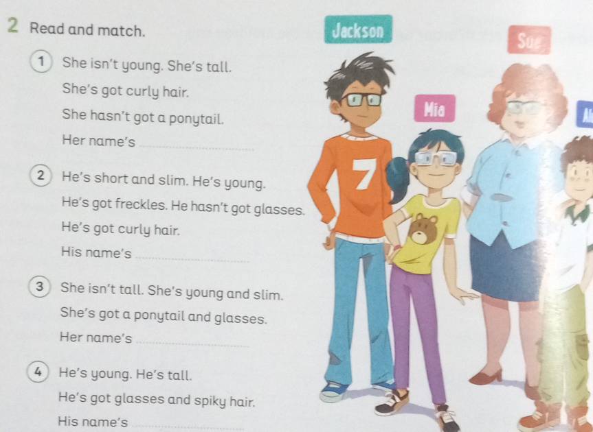 Read and match. 
1 She isn’t young. She’s tall. 
She's got curly hair. 
She hasn’t got a ponytail. 
Her name’s_ 
2 He’s short and slim. He’s young. 
He’s got freckles. He hasn’t got glasses 
He’s got curly hair. 
His name's_ 
3 She isn’t tall. She’s young and slim. 
She’s got a ponytail and glasses. 
Her name's 
_ 
4 He’s young. He’s tall. 
He’s got glasses and spiky hair. 
His name's_