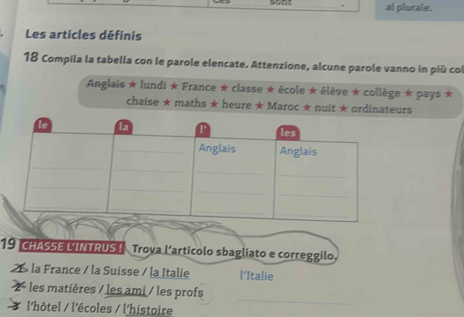 sont al plurale. 
Les articles définis 
18 Compila la tabella con le parole elencate. Attenzione, alcune parole vanno in più col 
Anglais ★ lundi ★ France ★ classe ★ école * élève ★ collège * pays ★ 
chaise ★ maths ★ heure ★ Maroc * nuit ★ ordinateurs 
19 CHASSE LINTRUS ! Trova l’articolo sbagliato e correggilo, 
la France / la Suisse / la Italie l’Italie 
les matières / les ami / les profs 
l'hôtel / l'écoles / l'histoire 
_