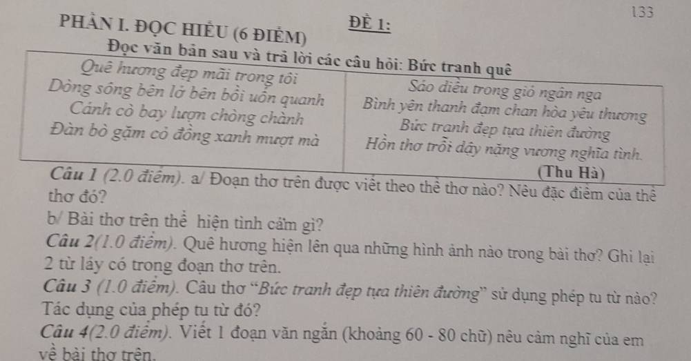 ĐÈ 1: 
133 
PHÀN I. ĐQC HIÊU (6 đIÉM) 
Đọ 
hể thơ nào? Nêu đặc điểm của thể 
thơ đó? 
b Bài thơ trên thể hiện tình cám gì? 
Câu 2(1.0 điểm). Quê hương hiện lên qua những hình ảnh nào trong bài thơ? Ghi lại 
2 từ láy có trong đoạn thơ trên. 
Câu 3 (1.0 điểm). Câu thơ “Bức tranh đẹp tựa thiên đường” sử dụng phép tu từ nào? 
Tác dụng của phép tu từ đó? 
Câu 4(2.0 điểm). Viết 1 đoạn văn ngăn (khoảng 60 - 80 chữ) nêu cảm nghĩ của em 
về bài thơ trên.