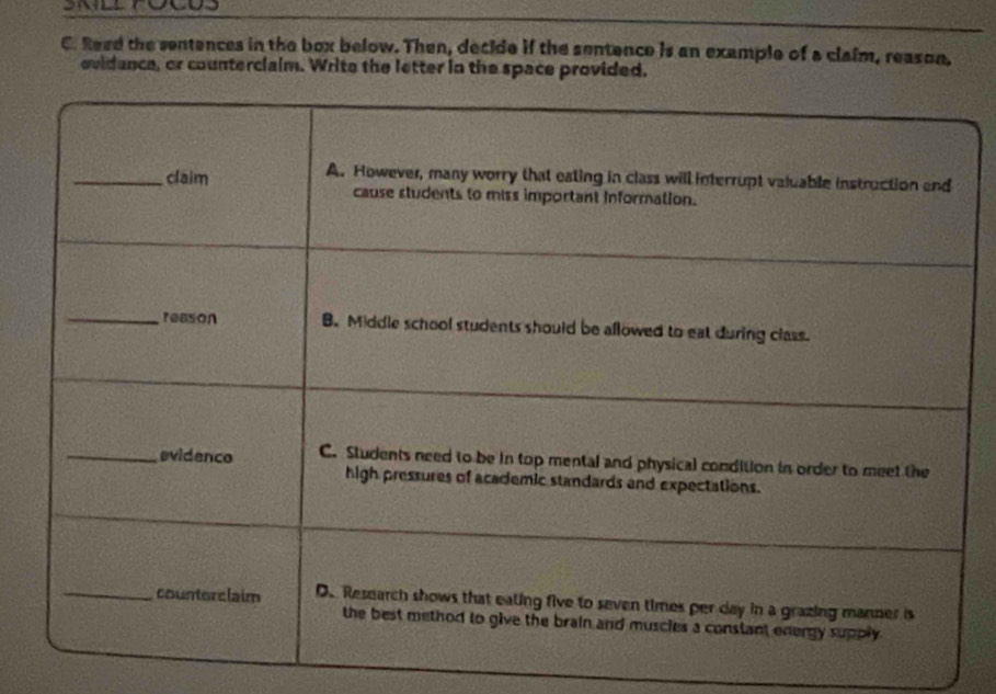 Read the sentences in the box below. Then, decide if the sentence is an example of a claim, reason, 
evidance, or counterciaim. Write the letter in the space provided.