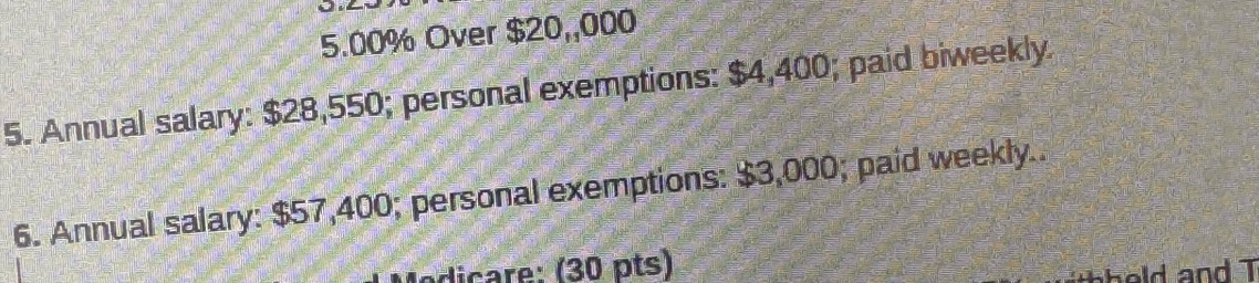 5.00% Over $20,,000
5. Annual salary: $28,550; personal exemptions: $4,400; paid biweekly. 
6. Annual salary: $57,400; personal exemptions: $3,000; paid weekly.. 
d c e 3 p ts) 
held and T