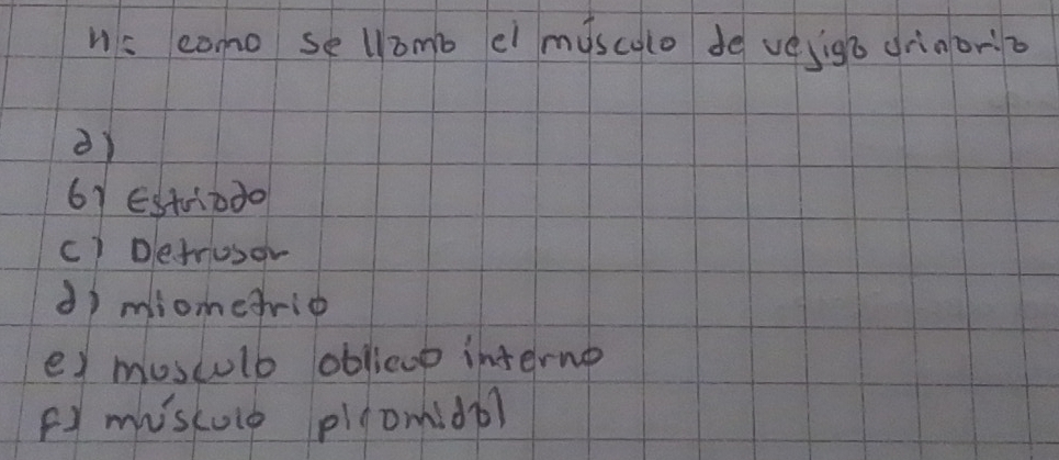 us como se llomb el myscolo de vesigo drinoro
61 ESt0:0d0
c) Dlefrusor
3) miometrio
ey mosculb oblicup interne
F miscule plomidp?