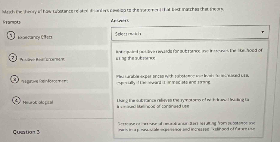 Match the theory of how substance related disorders develop to the statement that best matches that theory.
Prompts Answers
Expectancy Effect Select match
Anticipated positive rewards for substance use increases the likelihood of
2) Positive Reinforcement using the substance
Pleasurable experiences with substance use leads to increased use,
3 Negative Reinforcement especially if the reward is immediate and strong.
Neurobiological Using the substance relieves the symptoms of withdrawal leading to
increased likelihood of continued use
Decrease or increase of neurotransmitters resulting from substance use
Question 3 leads to a pleasurable experience and increased likelihood of future use