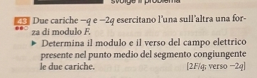 svoige il probiema 
# Due cariche —q e −2q esercitano l’una sull’altra una for- 
za di modulo E 
Determina il modulo e il verso del campo elettrico 
presente nel punto medio del segmento congiungente 
le due cariche. [ 2F/q; verso −2q]