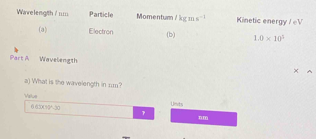 Wavelength / nm Particle Momentum /kgms^(-1) Kinetic energy / eV 
(a) Electron (b) 1.0* 10^5
Part A Wavelength 
a) What is the wavelength in nm? 
Value
6.63* 10^(wedge)-30
Units 
?
nm