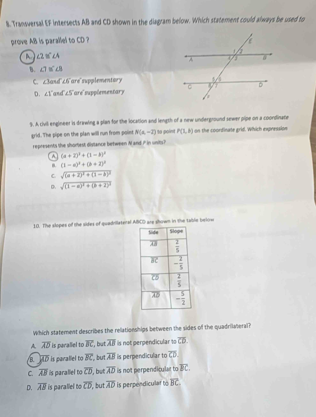 Transversal EF intersects AB and CD shown in the diagram below. Which statement could always be used to
prove AB is parallel to CD ?
A ∠ 2≌ ∠ 4
B. ∠ 7≌ ∠ 8
C. ∠ 3a nd ∠ 6° are supplementary
D. ∠ 1° and ∠ 5° "are"supplementary
9. A civil engineer is drawing a plan for the location and length of a new underground sewer pipe on a coordinate
grid. The pipe on the plan will run from point N(a,-2) to point P(1,b) on the coordinate grid. Which expression
represents the shortest distance between N and P in units?
A (a+2)^2+(1-b)^2
B. (1-a)^2+(b+2)^2
C. sqrt((a+2)^2)+(1-b)^2
D. sqrt((1-a)^2)+(b+2)^2
10. The slopes of the sides of quadrilateral ABCD are shown in the table below
Which statement describes the relationships between the sides of the quadrilateral?
A. overline AD is parallel to overline BC , but overline AB is not perpendicular to overline CD.
B. overline AD is parallel to overline BC, , but overline AB is perpendicular to overline CD.
C. overline AB is parallel to overline CD, , but overline AD is not perpendicular to overline BC.
D. overline AB is parallel to overline CD , but overline AD is perpendicular to overline BC.