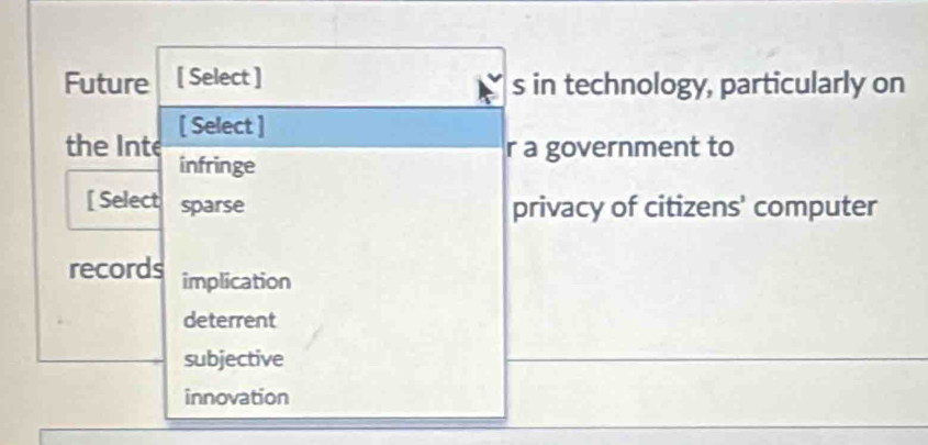 Future [ Select ] s in technology, particularly on
the Inte [ Select ]
r a government to
infringe
[ Select sparse privacy of citizens' computer
records implication
deterrent
subjective
innovation