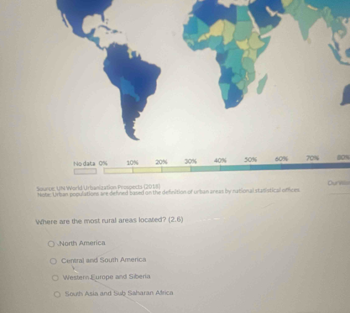 80%
OurWis
Source: UN World Urbanization Prospects (2018)
Note: Urban popula
Where are the most rural areas located? (2.6)
North America
Central and South America
Western Europe and Siberia
South Asia and Sub Saharan Africa