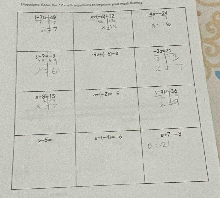 Directions: Solve the 12 math equations to improve your math fluency.