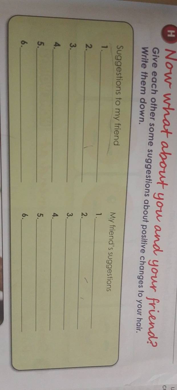 Give each other some suggestions about positive changes to your hair. 
Write them down. 
Suggestions to my friend My friend's suggestions 
_ 
1. 
_ 
1. 
_ 
_ 
2. 
2. 
_ 
3._ 
3. 
_ 
4. 
4._ 
5._ 
5._ 
6._ 
6._