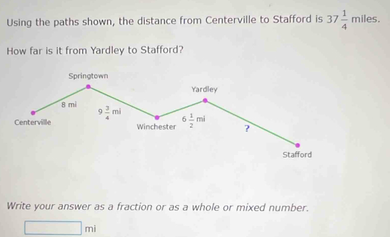 Using the paths shown, the distance from Centerville to Stafford is 37 1/4 miles.
How far is it from Yardley to Stafford?
Write your answer as a fraction or as a whole or mixed number.
□ mi