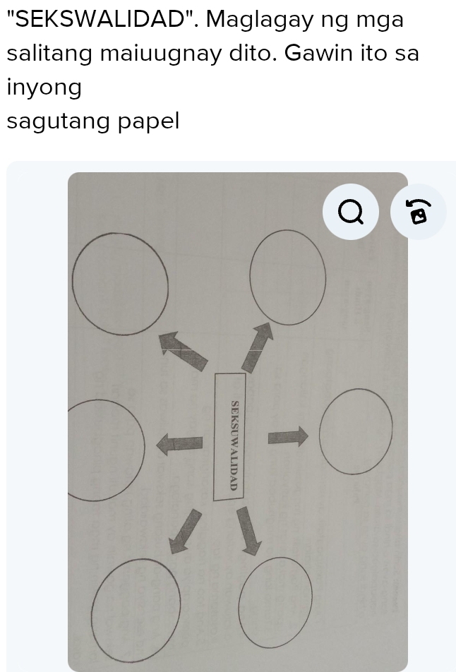 "SEKSWALIDAD". Maglagay ng mga 
salitang maiuugnay dito. Gawin ito sa 
inyong 
sagutang papel