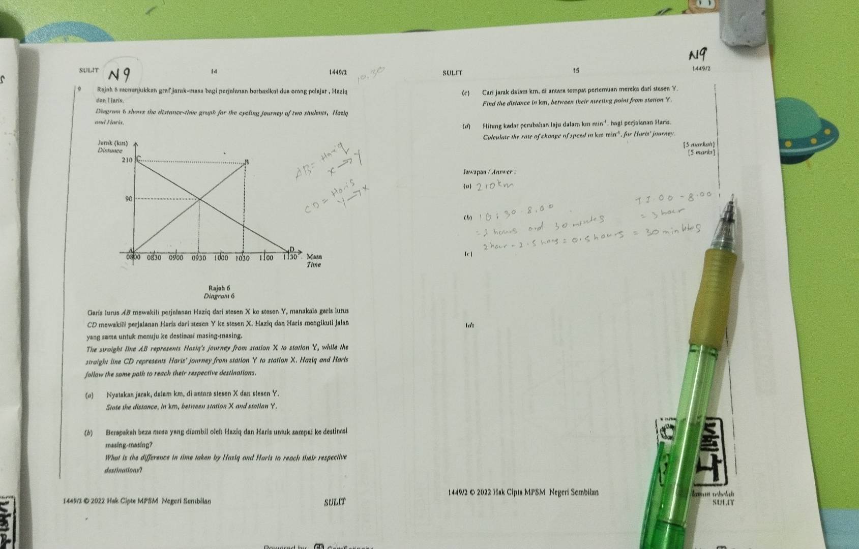 N9
SULIT N 9 1d4912 SULIT 15 144912
1
Rajah 6 monunjukkan grafjarak-masa bagi perjalanan berbaslkal dua orang pelajar , Hazlq (c) Cari jarak dalam km, di antara tempat pertemuan mereka dari stesen Y
dan Haris.
Find the distance in km, between their meeting point from station Y.
Diagram 6 shows the distance-time graph for the eycling Journey of two students, Haziq
and Horis. ,  hagi perjalanan Haris
(d)    Hitung kadar perubahan laju dalam km nin^(-1)
Jurnk (km) Calculate the rate of change of speed in km min'', for Harix' journey.
Dis [5 markah]
[5 marks]
Jawapan / Antwer :
(a)
(b)
asn (c 
me
Rajah 6
Diagram 6
Garis lurus A8 mewakili perjalanan Haziq dari stesen X ko stosen Y, manakala garls lurus
CD mewakili perjalanan Haris dari stesen Y ke stesen X. Haziq dan Haris mengikuti jalan
(
yang sama untuk menuju ke destinasi masing-masing.
The straight line AB represents Haziq's journey from station X to station Y, while the
straight line CD represents Haris' journey from station Y to station X. Hazlq and Harls
follow the same path to reach their respective destinations.
(σ) Nyatakan jarak, dalam km, đi antara stesen X dan stesen Y.
Stote the distance, in km, between station X and station Y.
(6) Berapakah beza masa yang diambil olch Haziq dan Haris untuk sampai ke destinas(
masing-masing?
What is the difference in time taken by Haziq and Haris to reach their respective
destinations?
1449/2 & 2022 Hak Cipta MPSM Negeri Sembilan taman æhélah
1449/2 © 2022 Hak Cipts MPSM Negeri Sembilan SULIT SULIY