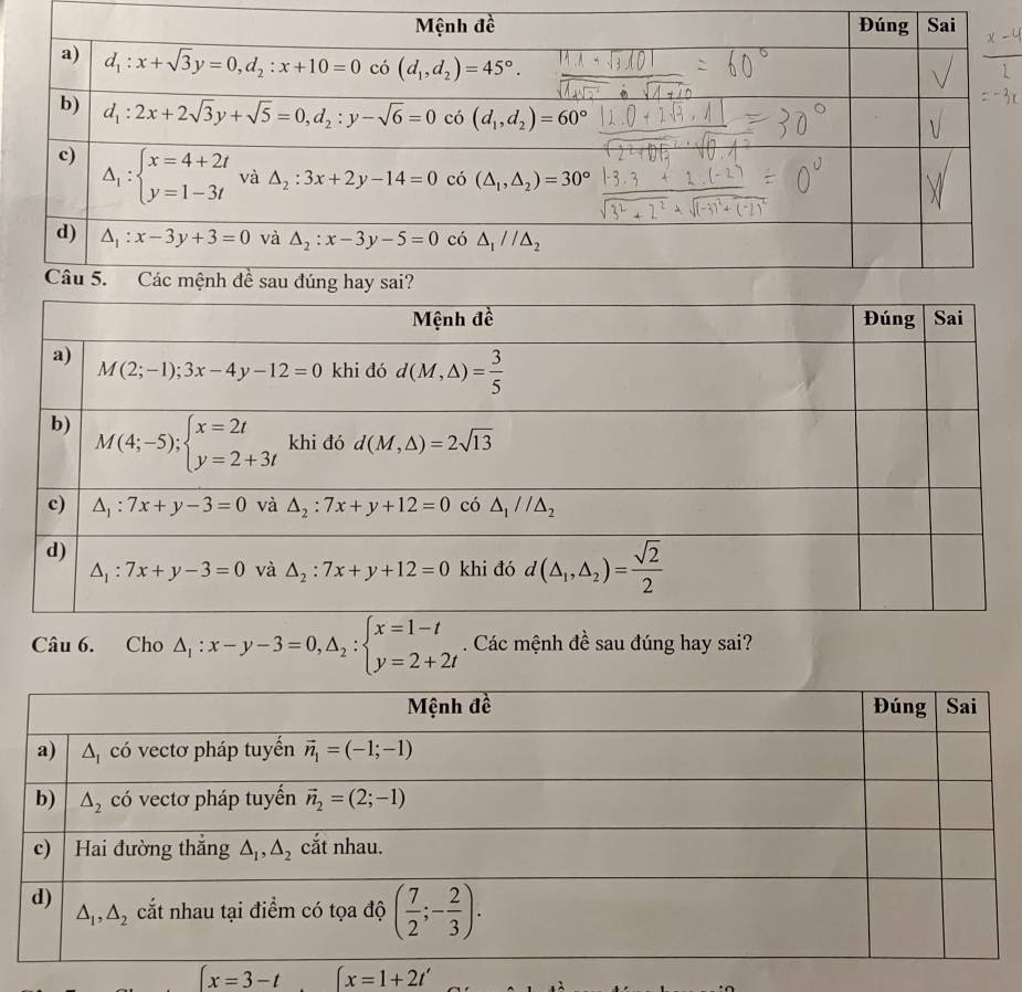 Cho △ _1:x-y-3=0,△ _2:beginarrayl x=1-t y=2+2tendarray.. Các mệnh đề sau đúng hay sai?
∈t x=3-t. ∈t x=1+2t'