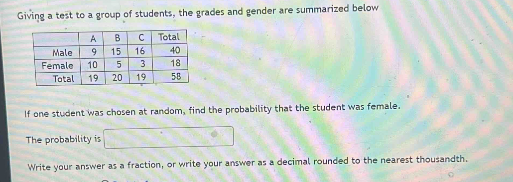 Giving a test to a group of students, the grades and gender are summarized below 
If one student was chosen at random, find the probability that the student was female. 
The probability is □ 
Write your answer as a fraction, or write your answer as a decimal rounded to the nearest thousandth.