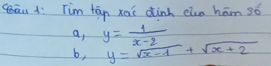 (āu ì Tim tān xoi dinh eun hám só
a, y= 1/x-2 
b, y=sqrt(x-1)+sqrt(x+2)