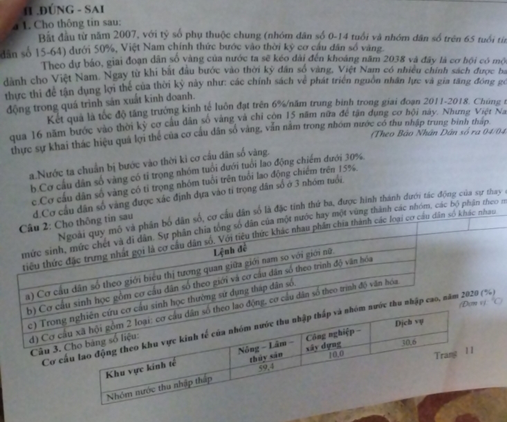 II .ĐÚNG - SAI
a 1. Cho thông tin sau:
Bắt đầu từ năm 2007, với tỷ số phụ thuộc chung (nhóm dân số 0-14 tuổi và nhóm dân số trên 65 tuổi tí
dân số 15-64) dưới 50%, Việt Nam chính thức bước vào thời kỷ cơ cầu dân số vàng.
Theo dự báo, giai đoạn dân số vàng của nước ta sẽ kéo đài đến khoáng năm 2038 và đây là cơ hội có mội
dành cho Việt Nam. Ngay từ khi bắt đầu bước vào thời kỳ dân số vàng, Việt Nam có nhiều chính sách được b
thực thì để tận dụng lợi thể của thời kỷ này như: các chính sách về phát triển nguồn nhân lực và gia tăng đóng gó
động trong quá trình sản xuất kinh doanh.
Kết qua là tốc độ tăng trưởng kinh tế luôn đạt trên 6%/năm trung bình trong giai đoạn 2011-2018. Chúng t
qua 16 năm bước vào thời kỳ cơ cầu dân số vàng và chỉ còn 15 năm nữa đề tận dụng cơ hội này. Nhưng Việt Na
(Theo Bảo Nhân Dân số ra 04/04
thực sự khai thác hiệu quả lợi thể của cơ cầu dân số vàng, văn nằm trong nhóm nước có thu nhập trung bình tháp.
a.Nước ta chuẩn bị bước vào thời kỉ cơ cấu dân số vàng.
b.Cơ cầu dân số vàng có tỉ trọng nhóm tuổi đưới tuổi lao động chiếm dưới 30%.
c.Cơ cầu dân số vàng có tỉ trọng nhóm tuổi trên tuổi lao động chiếm trên 15%.
ầu dân số vàng được xác định dựa vào tỉ trọng dân số ở 3 nhóm tuổi.
số là đặc tính thứ ba, được hình thành dưới tác động của sự thay
thành các nhóm, các bộ phận theo m
C