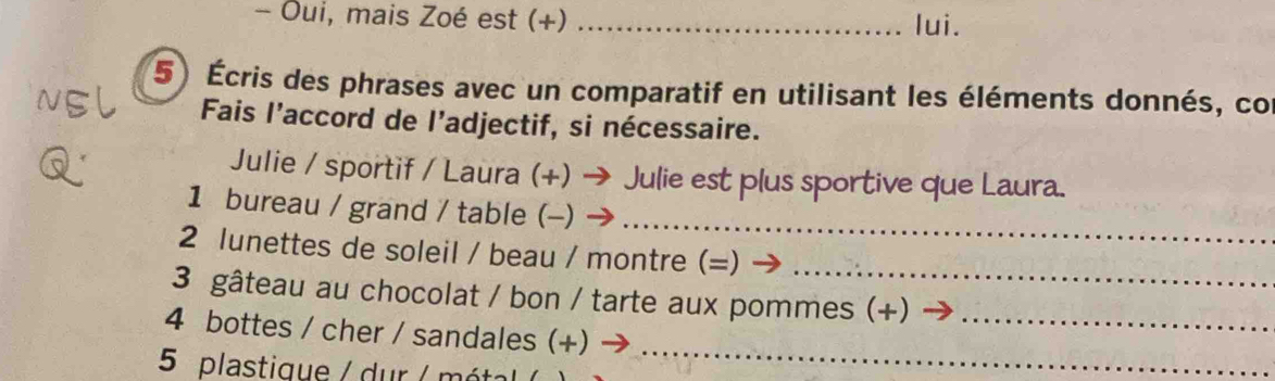 Oui, mais Zoé est (+) _lui. 
5) Écris des phrases avec un comparatif en utilisant les éléments donnés, co 
Fais l’accord de l’adjectif, si nécessaire. 
Julie / sportif / Laura (+) → Julie est plus sportive que Laura. 
_ 
1 bureau / grand / table (-) 
_ 
2 lunettes de soleil / beau / montre (=) 
3 gâteau au chocolat / bon / tarte aux pommes (+) →_ 
_ 
4 bottes / cher / sandales (+) . 
5 plas ti que / du r / mét a