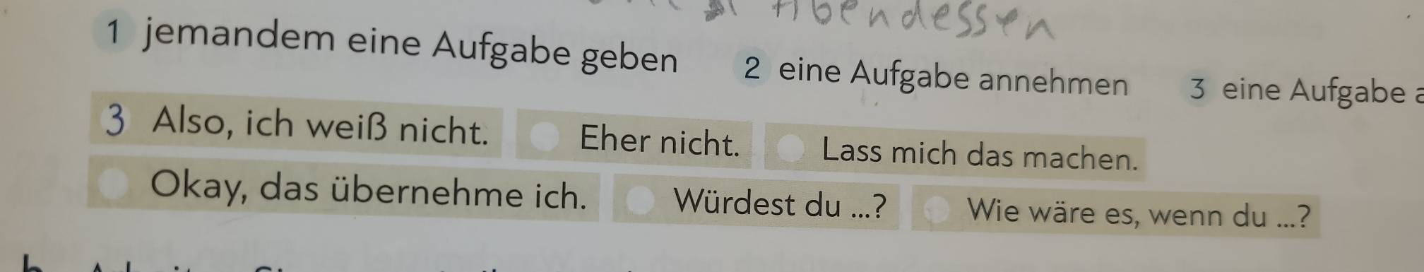 jemandem eine Aufgabe geben 2 eine Aufgabe annehmen 3 eine Aufgabe a
3 Also, ich weiß nicht. Eher nicht. Lass mich das machen. 
Okay, das übernehme ich. Würdest du ...? Wie wäre es, wenn du ...?