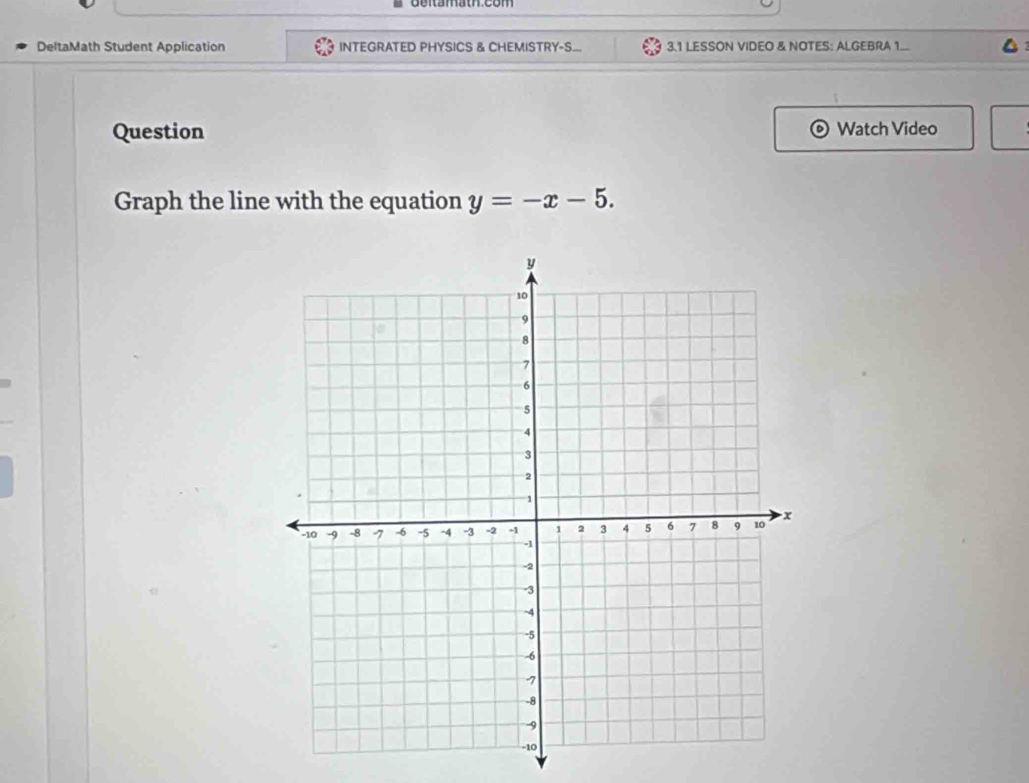 DeltaMath Student Application INTEGRATED PHYSICS & CHEMISTRY-S... 3.1 LESSON VIDEO & NOTES: ALGEBRA 1... 
Question Watch Video 
Graph the line with the equation y=-x-5.