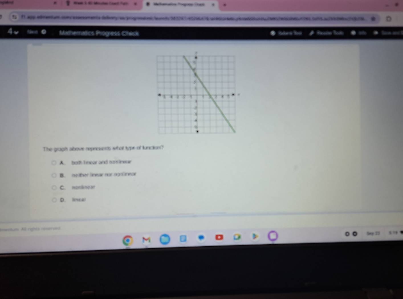 app eeun ' Tg t 
Mae Subme m
The graph above represents what type of funciion?
A. both lnear and nonlinear
B. nether linear nor nonlinear
C. nonlinear
D. linear
mentum. All rights reserved
5g 23