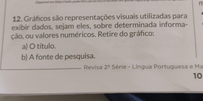 Disponivel em: https://static.poder360.com.br/2023/08.cento-p 
12. Gráficos são representações visuais utilizadas para 
exibir dados, sejam eles, sobre determinada informa- 
ção, ou valores numéricos. Retire do gráfico: 
a) O título. 
b) A fonte de pesquisa. 
Revisa 2^(_ a) Série - Língua Portuguesa e Ma 
10