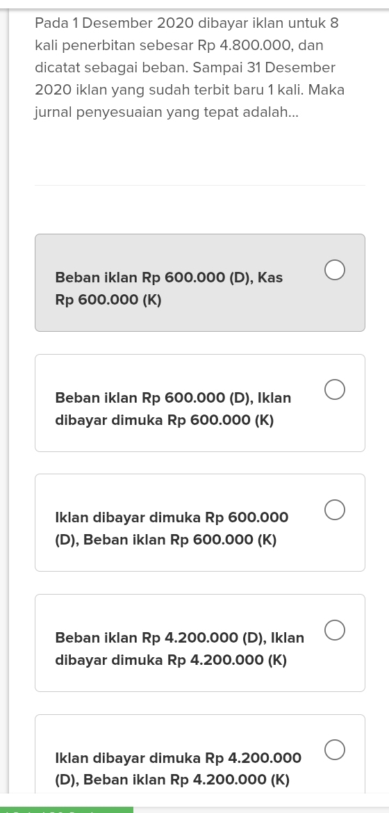 Pada 1 Desember 2020 dibayar iklan untuk 8
kali penerbitan sebesar Rp 4.800.000, dan
dicatat sebagai beban. Sampai 31 Desember
2020 iklan yang sudah terbit baru 1 kali. Maka
jurnal penyesuaian yang tepat adalah...
Beban iklan Rp 600.000 (D), Kas
Rp 600.000 (K)
Beban iklan Rp 600.000 (D), Iklan
dibayar dimuka Rp 600.000 (K)
Iklan dibayar dimuka Rp 600.000
(D), Beban iklan Rp 600.000 (K)
Beban iklan Rp 4.200.000 (D), Iklan
dibayar dimuka Rp 4.200.000 (K)
Iklan dibayar dimuka Rp 4.200.000
(D), Beban iklan Rp 4.200.000 (K)