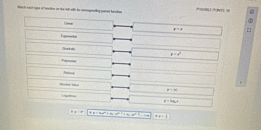 Match each type of function on the left with its corresponding parent function
POSSIBLE POINTS 10
Linear
y=x
Exponential
Quadratic
y=x^2
Polynomial
Rational
<
Absolute Value
 y=|x|
Logarithmic
y=log _bx
:y=b^x n y=a_nx^n+a_nx^(n-1)+a_n 24^n:2... +a_0 :: y= 1/x 