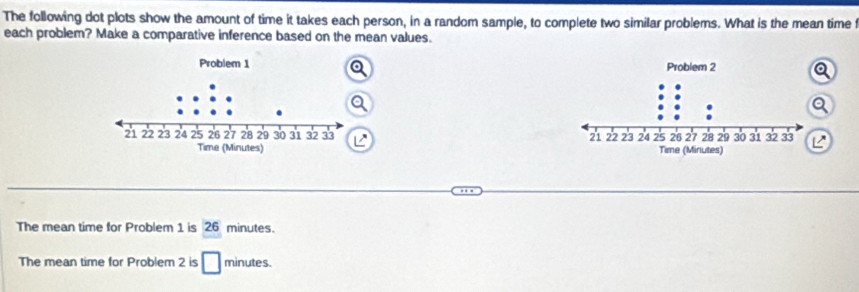 The following dot plots show the amount of time it takes each person, in a random sample, to complete two similar problems. What is the mean time f 
each problem? Make a comparative inference based on the mean values. 



The mean time for Problem 1 is 26 minutes. 
The mean time for Problem 2 is □ minutes.