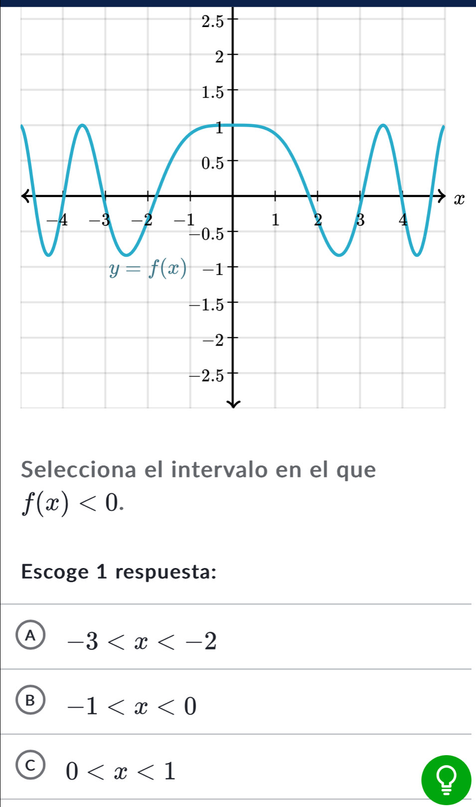 2.5
x
Selecciona el intervalo en el que
f(x)<0.
Escoge 1 respuesta:
A -3
B -1
C 0