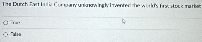 The Dutch East India Company unknowingly invented the world's frst stock market
True
False