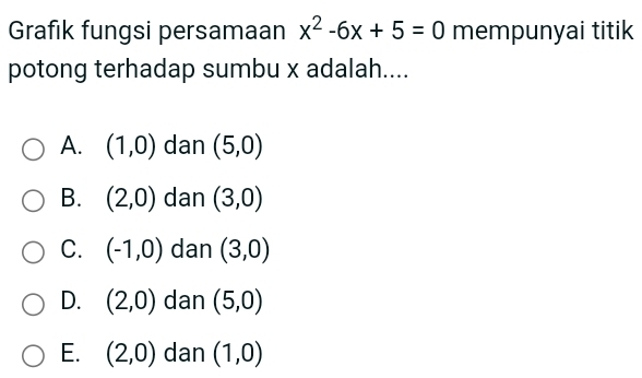 Grafik fungsi persamaan x^2-6x+5=0 mempunyai titik
potong terhadap sumbu x adalah....
A. (1,0) dan (5,0)
B. (2,0) dan (3,0)
C. (-1,0) dan (3,0)
D. (2,0) dan (5,0)
E. (2,0) dan (1,0)