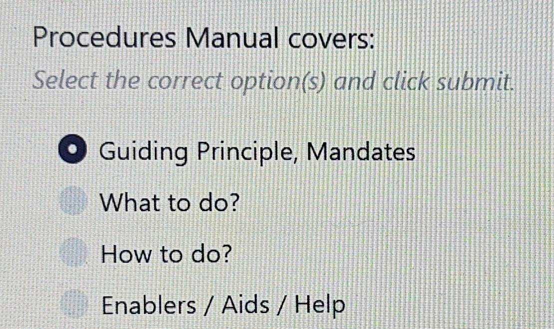 Procedures Manual covers: 
Select the correct option(s) and click submit. 
. Guiding Principle, Mandates 
What to do? 
How to do? 
Enablers / Aids / Help