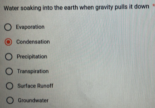 Water soaking into the earth when gravity pulls it down *
Evaporation
Condensation
Precipitation
Transpiration
Surface Runoff
Groundwater