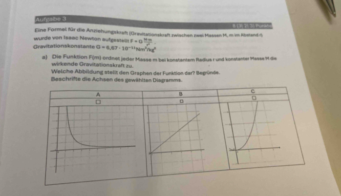 Aufgabe 3 
8 (3| 2| 3) Punkt 
Eine Formel für die Anziehungskraft (Gravitationskraft zwischen zwei Mas sen M, m im Abstand r) 
wurde von Isaac Newton aufgestellt F=G Mm/r^2 . 
Gravitationskonstante G=6,67· 10^(-11)Nm^2/kg^2
a) Die Funktion F(m) ordnet jeder Masse m bei konstantem Radius r und konstanter Masse M die 
wirkende Gravitationskraft zu. 
Welche Abbildung stellt den Graphen der Funktion dar? Begründe. 
Beschrifte die Achsen des gewählten Diagramms.