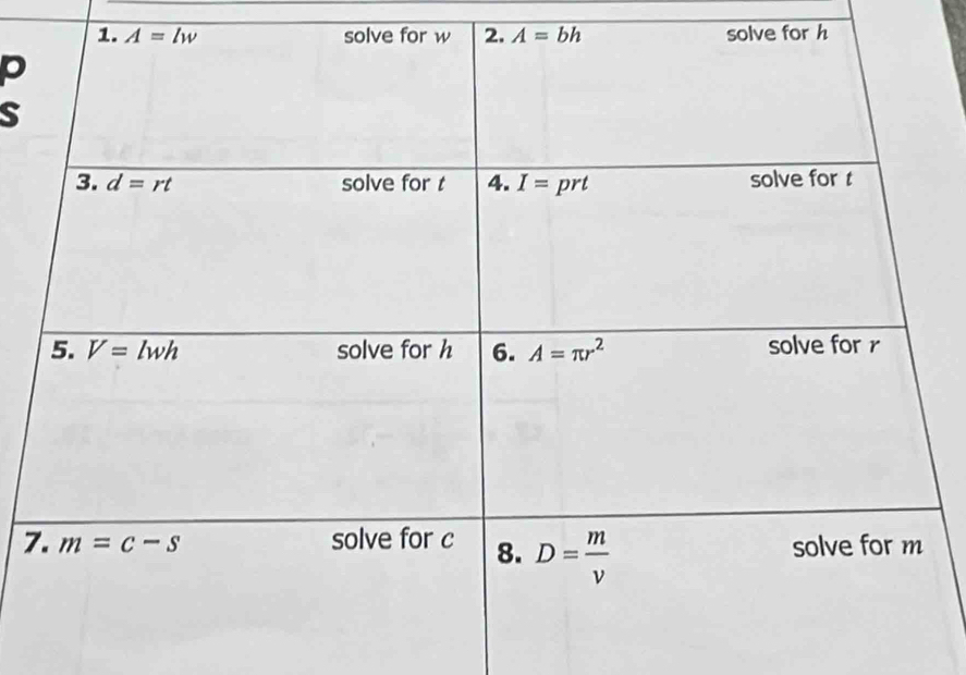 A=bh solve for h
p
S
7