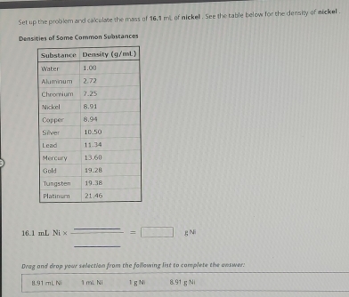 Set up the problem and calculate the mass of 16.1 m. of nickell . See the table below for the density of nickel .
Densities of Some Common Substances
_
16.1 mL Ni × _ _ =□ =□ gN 
Drag and drop your selection from the following list to complete the answer:
8.91 mL N 1 mL Ni 1 g Ni 8.91 g Ni