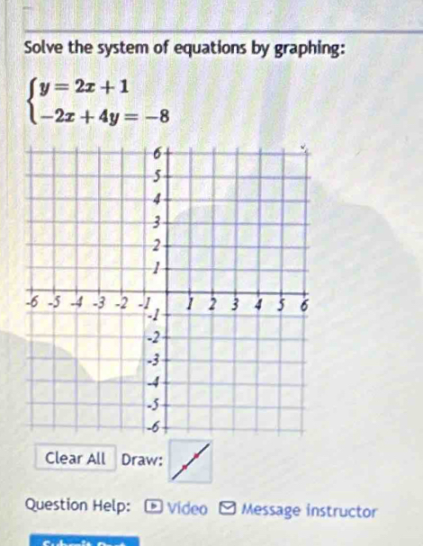 Solve the system of equations by graphing:
beginarrayl y=2x+1 -2x+4y=-8endarray.
Clear All Draw: 
Question Help: Video Message instructor