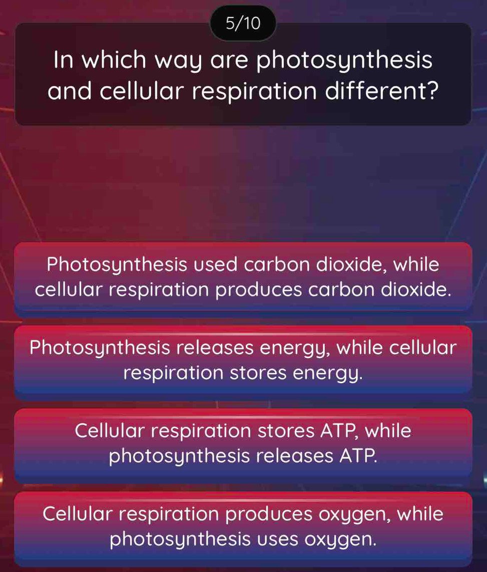 5/10
In which way are photosynthesis
and cellular respiration different?
Photosynthesis used carbon dioxide, while
cellular respiration produces carbon dioxide.
Photosynthesis releases energy, while cellular
respiration stores energy.
Cellular respiration stores ATP, while
photosynthesis releases ATP.
Cellular respiration produces oxygen, while
photosynthesis uses oxygen.