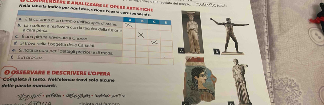 periore della facciata del tempio: T NONTON 
Comprendere e analizzare le opere artis 
Nella tabella indica per ogni 
Ô Øervare ε descrivere l'opera 
Completa il testo. Nell’elenco trovi solo alcune 
delle parole mancanti. 
speculore - promlo » decorativ » fronte » anfora