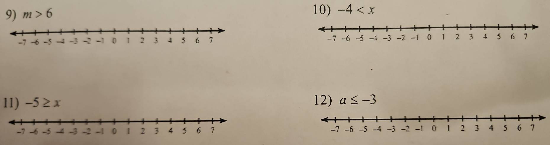 m>6
10) -4

11) -5 ≥ x 12) a≤ -3