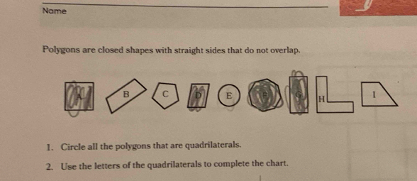 Name 
Polygons are closed shapes with straight sides that do not overlap. 
1. Circle all the polygons that are quadrilaterals. 
2. Use the letters of the quadrilaterals to complete the chart.