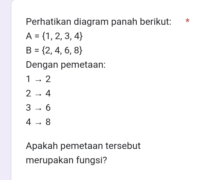 Perhatikan diagram panah berikut: €£*
A= 1,2,3,4
B= 2,4,6,8
Dengan pemetaan:
1 → 2
1 to 4
3 → 6
/ . → 8
Apakah pemetaan tersebut 
merupakan fungsi?