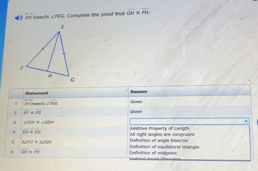 Solved: overleftrightarrow EH bisects ∠ FEG. Complete the proof that ...