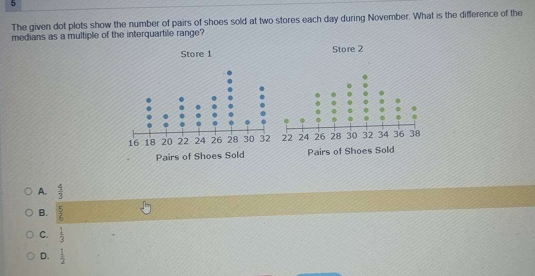 The given dot plots show the number of pairs of shoes sold at two stores each day during November. What is the difference of the
medians as a multiple of the interquartile range?
Store 1 Store 2
A.  4/3 
B.  5/6 
C.  1/3 
D.  1/2 