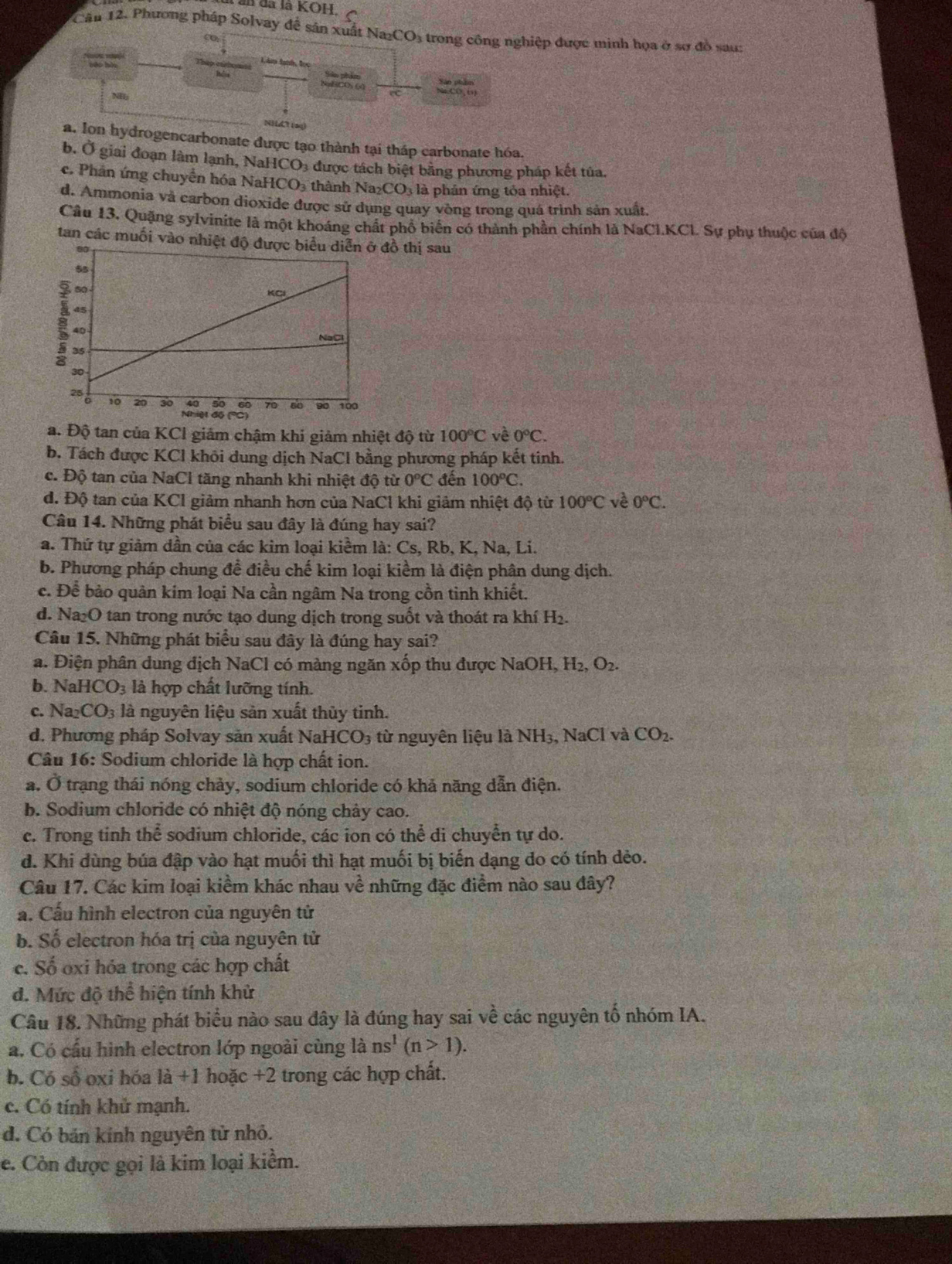 âl đã là KOH. C 
Câu 12. Phương pháp Solvay để sân xuất Na₂CO₃ trong công nghiệp được minh họa ở sơ đồ sau:
a
L ám Sanh, lo
Sle phim
nào hòo NuBCOs (0
ec
NHA1 (90)
a. Ion hydrogencarbonate được tạo thành tại tháp carbonate hóa.
b. Ở giai đoạn làm lạnh, NaHCO₃ được tách biệt bằng phương pháp kết tủa.
c. Phân ứng chuyển hóa NaHCO3 thành Na_2CO_3 là phân ứng tỏa nhiệt.
d. Ammonia và carbon dioxide được sử dụng quay vòng trong quá trình sản xuất
Câu 13, Quặng sylvinite là một khoáng chất phố biển có thành phần chính là NaCl.KCl. Sự phụ thuộc của độ
tan các muối vào n đồ thị sau
a. Độ tan của KCl giảm chậm khi giảm nhiệt độ từ 100°C về 0°C.
b. Tách được KCl khỏi dung dịch NaCl bằng phương pháp kết tinh.
c. Độ tan của NaCl tăng nhanh khi nhiệt độ từ 0^oC đến 100°C.
đ. Độ tan của KCl giảm nhanh hơn của NaCl khi giảm nhiệt độ từ 100°C vè 0^oC.
Câu 14. Những phát biểu sau đây là đúng hay sai?
a. Thứ tự giảm dần của các kim loại kiềm là: Cs, Rb, K, Na, Li.
b. Phương pháp chung để điều chế kim loại kiểm là điện phân dung dịch.
c. Để bảo quản kim loại Na cần ngâm Na trong cồn tinh khiết.
d. Na₂O tan trong nước tạo dung dịch trong suốt và thoát ra khí H₂.
Câu 15. Những phát biểu sau đây là đúng hay sai?
a. Điện phân dung địch NaCl có màng ngăn xốp thu được NaOH, H_2,O_2.
b. Nal HCO_3 là hợp chất lưỡng tính.
c. Na CO_3 là nguyên liệu sản xuất thủy tinh.
d. Phương pháp Solvay sản xuất NaHCO₃ từ nguyên liệu là NH_3 , NaCl và CO_2.
Câu 16: Sodium chloride là hợp chất ion.
a. Ở trạng thái nóng chảy, sodium chloride có khả năng dẫn điện.
b. Sodium chloride có nhiệt độ nóng chây cao.
c. Trong tinh thể sodium chloride, các ion có thể di chuyển tự do.
d. Khi đùng búa đập vào hạt muối thì hạt muối bị biến dạng do có tính dẻo.
Câu 17. Các kim loại kiểm khác nhau vhat e những đặc điểm nào sau đây?
a. Cầu hình electron của nguyên tử
b. Số electron hóa trị của nguyên tử
c. Số oxi hỏa trong các hợp chất
đ. Mức độ thể hiện tính khử
Câu 18. Những phát biểu nào sau đây là đúng hay sai về các nguyên tố nhóm IA.
a. Có cấu hình electron lớp ngoài cùng là ns^1(n>1).
b. Có số oxi hóa 1a+1 hoặc +2 trong các hợp chất.
c. Có tính khử mạnh.
d. Có bản kính nguyên từ nhỏ.
e. Còn được gọi là kim loại kiểm.