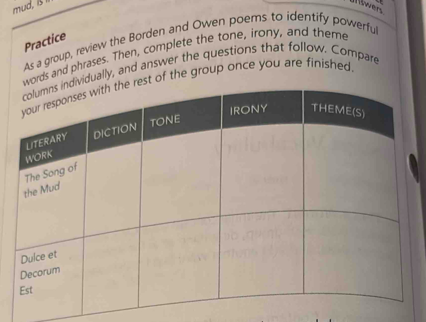 mud, is 

Ullswers 
Practice 
As a group, review the Borden and Owen poems to identify powerful 
words and phrases. Then, complete the tone, irony, and theme 
idually, and answer the questions that follow. Compare 
t of the group once you are finished.