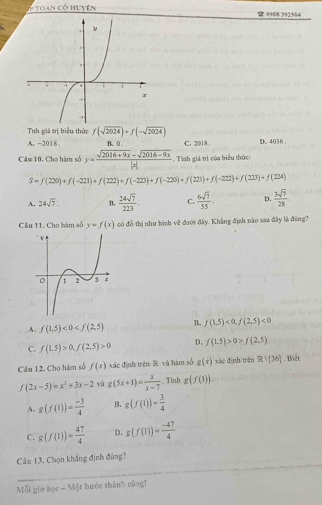 án có  huyên 3 0988 392504
Tnh giá trị biểu thức f(sqrt(2024))+f(-sqrt(2024))
A. -2018. B. 0 . C. 2018 . D. 4036 .
Câu 10. Cho hàm số y= (sqrt(2016+9x)-sqrt(2016-9x))/|x| . Tính giá trị của biểu thức:
S=f(220)+f(-221)+f(222)+f(-223)+f(-220)+f(221)+f(-222)+f(223)+f(224)
A. 24sqrt(7). B.  24sqrt(7)/223 . C.  6sqrt(7)/55 . D.  3sqrt(7)/28 .
Câu 11. Cho hàm số y=f(x) có đồ thị như hình vẽ dưới đây. Khẳng định nào sau đây là đúng?
A. f(1,5)<0<f(2,5)
B. f(1,5)<0,f(2,5)<0</tex>
C. f(1.5)>0,f(2,5)>0
D. f(1.5)>0>f(2,5)
Câu 12. Cho hàm số f(x) xác định trên R và hàm số g(x) xác định trên Rvee  36. Biết
f(2x-5)=x^2+3x-2 và g(5x+1)= x/x-7 . Tính g(f(1)).
A. g(f(1))= (-3)/4  B. g(f(1))= 3/4 
C. g(f(1))= 47/4  D. g(f(1))= (-47)/4 
Câu 13. Chọn khẳng định đúng?
Mỗi giờ học - Một bước thành công!