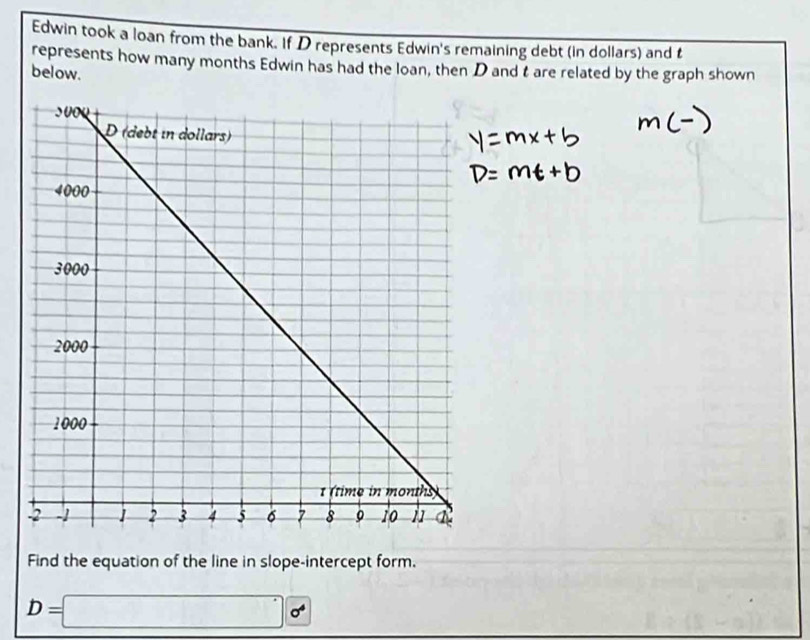 Edwin took a loan from the bank. If D represents Edwin's remaining debt (in dollars) and t
represents how many months Edwin has had the loan, then D and t are related by the graph shown 
below. 
Find the equation of the line in slope-intercept form.
D=□ ^circ 